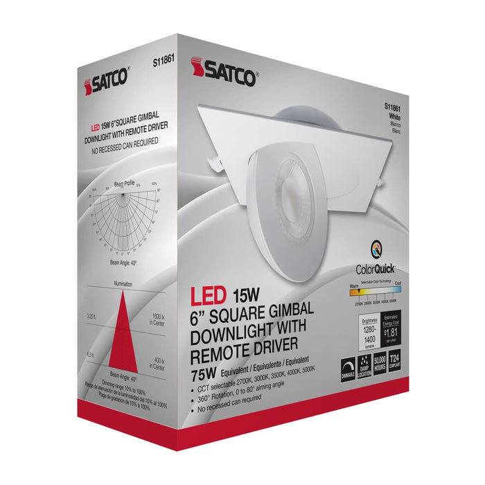 Remote Driver LED Downlight Satco S11861 15 Watt - CCT Selectable - LED Direct Wire Downlight - Gimbaled - 6 Inch Square - Remote Driver - White Satco