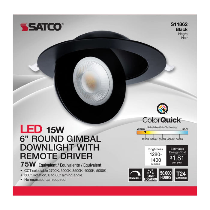Remote Driver LED Downlight Satco S11862 15 Watt - CCT Selectable - LED Direct Wire Downlight - Gimbaled - 6 Inch Round - Remote Driver - Black Satco
