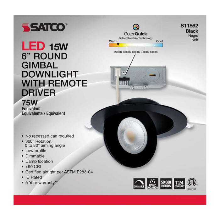 Remote Driver LED Downlight Satco S11862 15 Watt - CCT Selectable - LED Direct Wire Downlight - Gimbaled - 6 Inch Round - Remote Driver - Black Satco