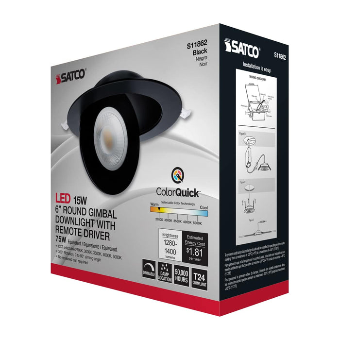 Remote Driver LED Downlight Satco S11862 15 Watt - CCT Selectable - LED Direct Wire Downlight - Gimbaled - 6 Inch Round - Remote Driver - Black Satco