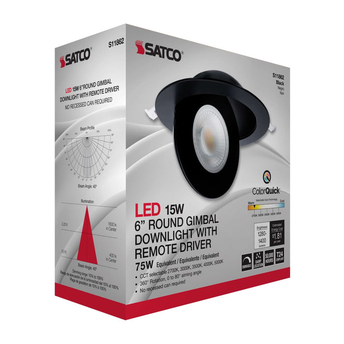 Remote Driver LED Downlight Satco S11862 15 Watt - CCT Selectable - LED Direct Wire Downlight - Gimbaled - 6 Inch Round - Remote Driver - Black Satco