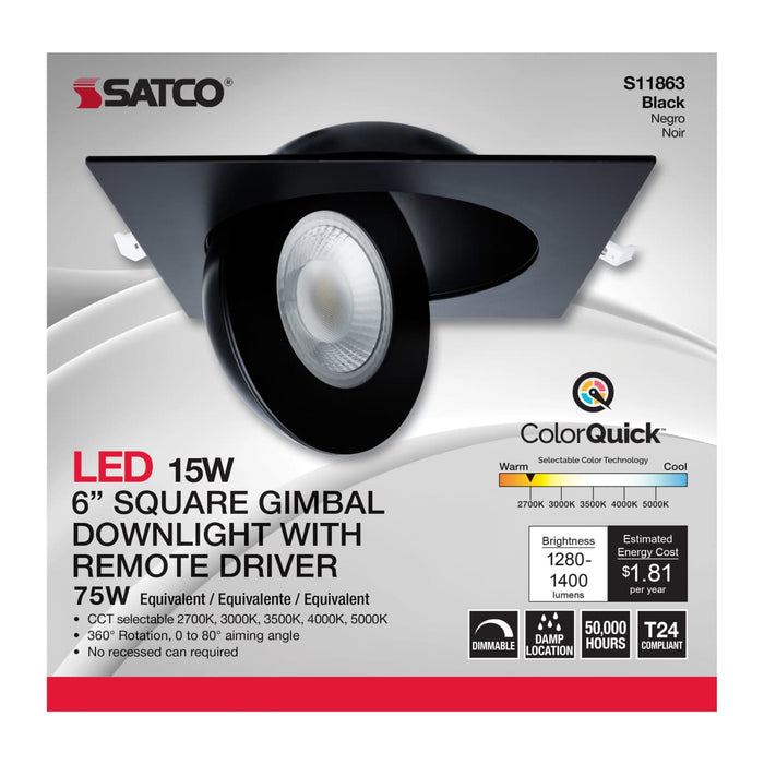 Remote Driver LED Downlight Satco S11863 15 Watt - CCT Selectable - LED Direct Wire Downlight - Gimbaled - 6 Inch Square - Remote Driver - Black Satco