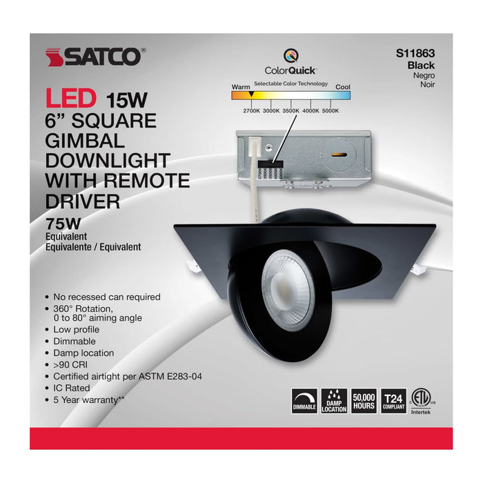 Remote Driver LED Downlight Satco S11863 15 Watt - CCT Selectable - LED Direct Wire Downlight - Gimbaled - 6 Inch Square - Remote Driver - Black Satco