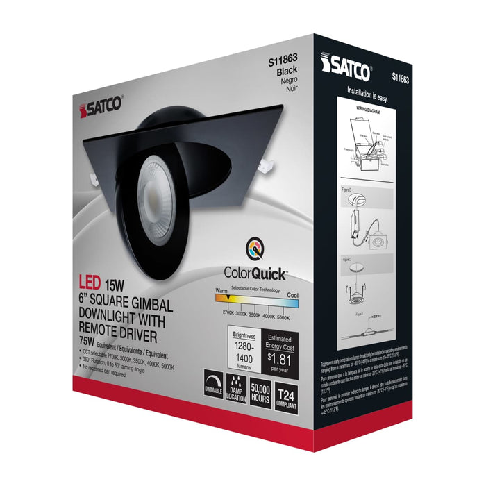 Remote Driver LED Downlight Satco S11863 15 Watt - CCT Selectable - LED Direct Wire Downlight - Gimbaled - 6 Inch Square - Remote Driver - Black Satco