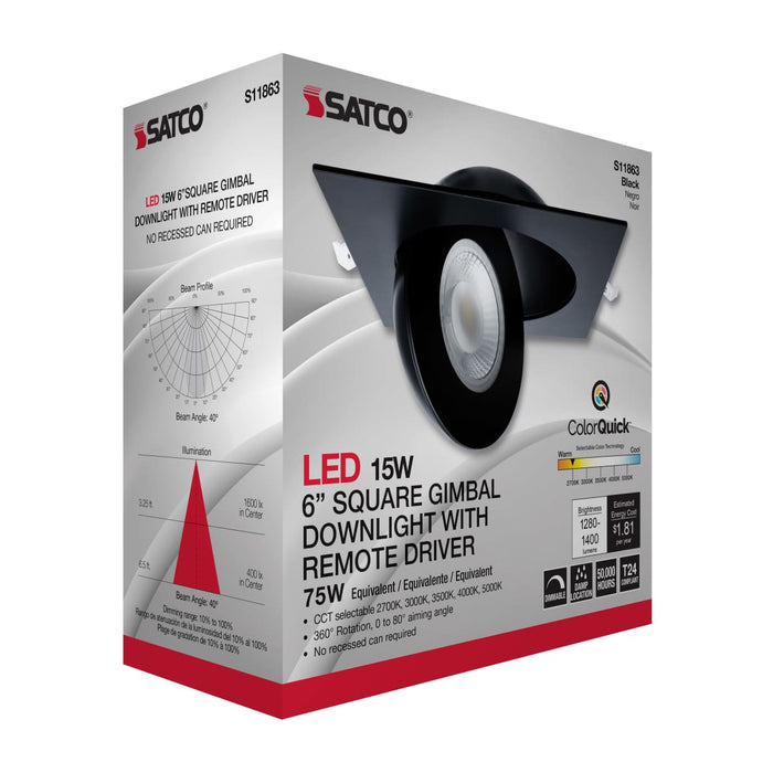 Remote Driver LED Downlight Satco S11863 15 Watt - CCT Selectable - LED Direct Wire Downlight - Gimbaled - 6 Inch Square - Remote Driver - Black Satco