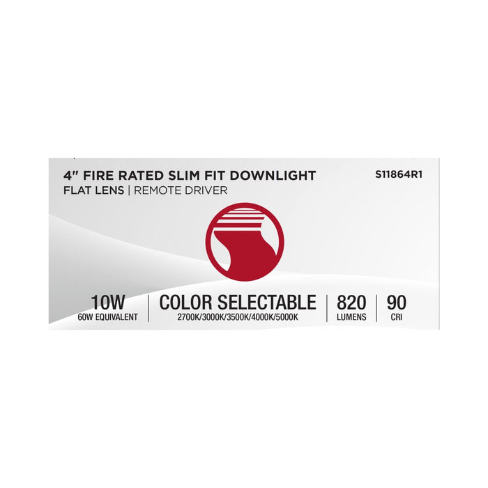 Remote Driver LED Downlight Satco S11864R1 10 Watt LED - Fire Rated 4 Inch Direct Wire Slim Fit Flat Face Downlight - Round Shape - White Finish - CCT Selectable - 120 Volts - Dimmable Satco