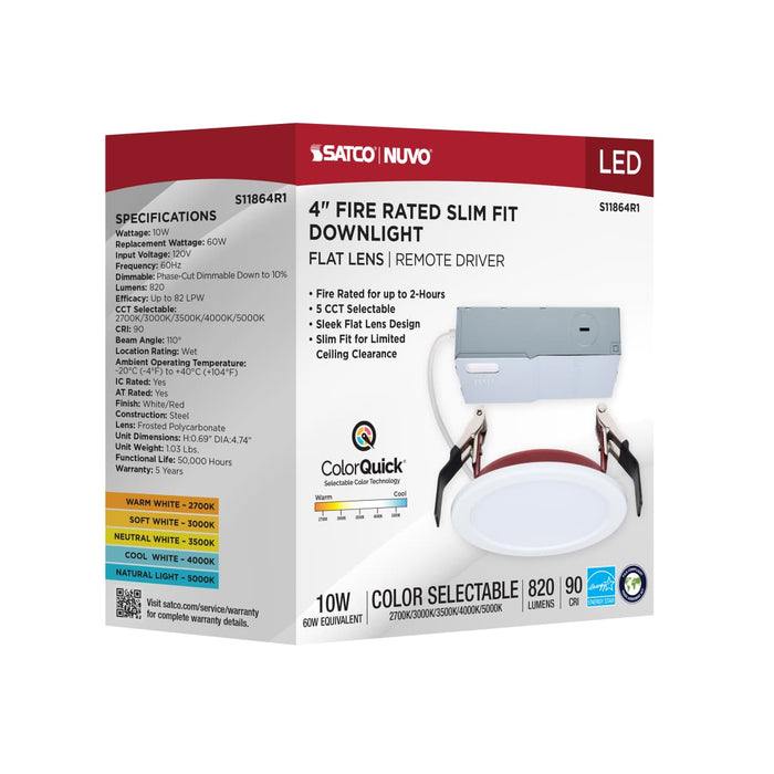 Remote Driver LED Downlight Satco S11864R1 10 Watt LED - Fire Rated 4 Inch Direct Wire Slim Fit Flat Face Downlight - Round Shape - White Finish - CCT Selectable - 120 Volts - Dimmable Satco