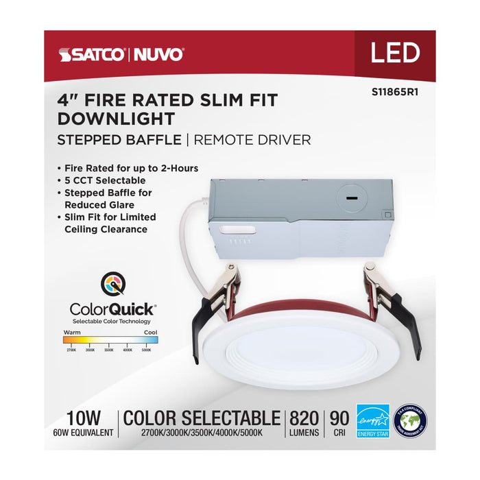 Remote Driver LED Downlight Satco S11865R1 10 Watt LED - Fire Rated 4 Inch Direct Wire Slim Fit Step Baffle Downlight - Round Shape - White Finish - CCT Selectable - 120 Volts - Dimmable Satco