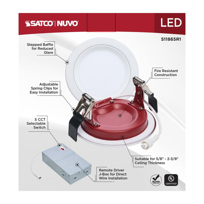 Remote Driver LED Downlight Satco S11865R1 10 Watt LED - Fire Rated 4 Inch Direct Wire Slim Fit Step Baffle Downlight - Round Shape - White Finish - CCT Selectable - 120 Volts - Dimmable Satco