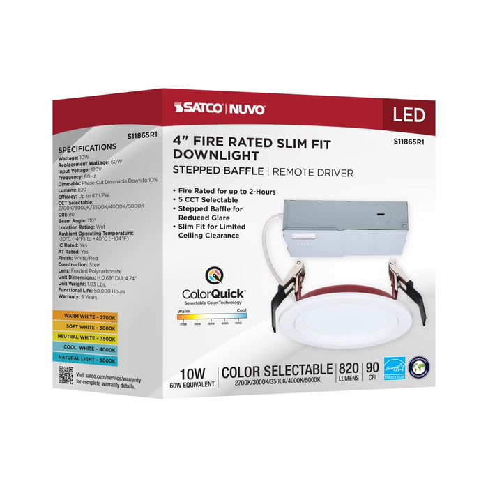 Remote Driver LED Downlight Satco S11865R1 10 Watt LED - Fire Rated 4 Inch Direct Wire Slim Fit Step Baffle Downlight - Round Shape - White Finish - CCT Selectable - 120 Volts - Dimmable Satco
