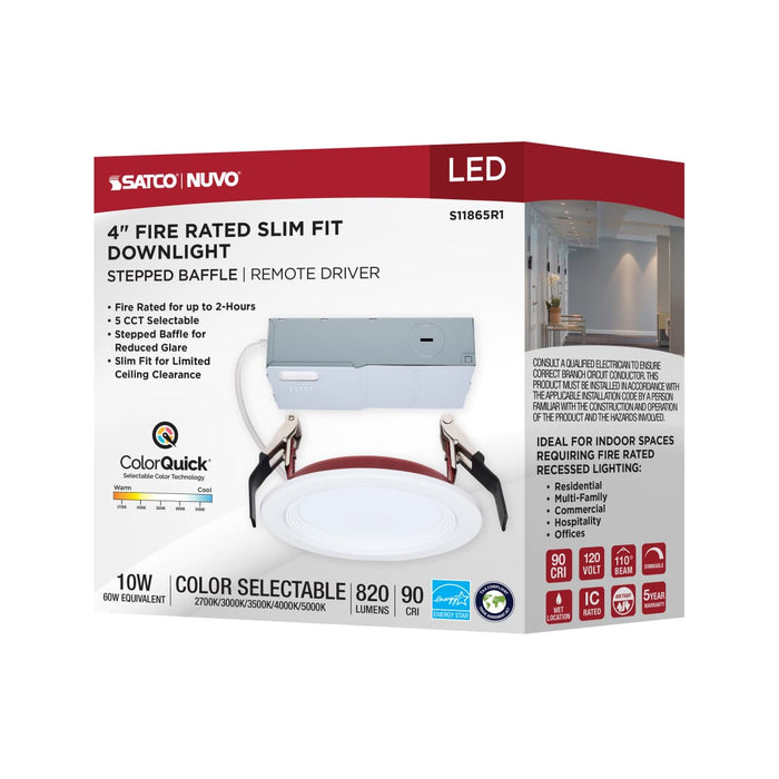 Remote Driver LED Downlight Satco S11865R1 10 Watt LED - Fire Rated 4 Inch Direct Wire Slim Fit Step Baffle Downlight - Round Shape - White Finish - CCT Selectable - 120 Volts - Dimmable Satco