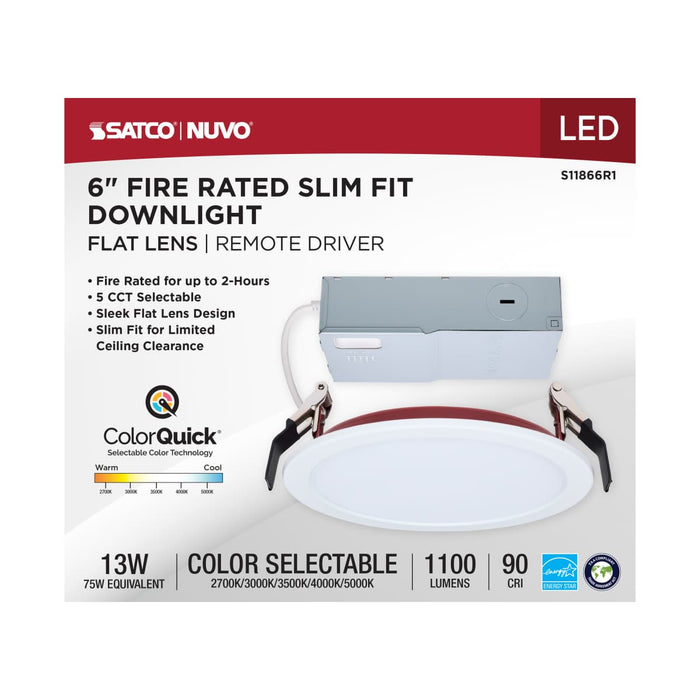 Remote Driver LED Downlight Satco S11866R1 13 Watt LED - Fire Rated 6 Inch Direct Wire Slim Fit Flat Face Downlight - Round Shape - White Finish - CCT Selectable - 120 Volts - Dimmable Satco