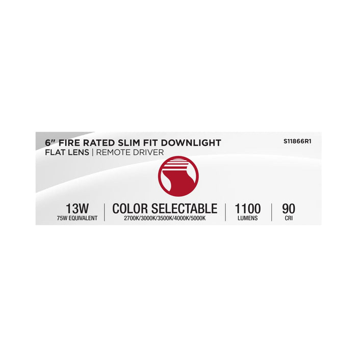 Remote Driver LED Downlight Satco S11866R1 13 Watt LED - Fire Rated 6 Inch Direct Wire Slim Fit Flat Face Downlight - Round Shape - White Finish - CCT Selectable - 120 Volts - Dimmable Satco