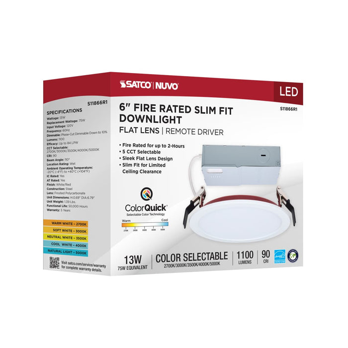 Remote Driver LED Downlight Satco S11866R1 13 Watt LED - Fire Rated 6 Inch Direct Wire Slim Fit Flat Face Downlight - Round Shape - White Finish - CCT Selectable - 120 Volts - Dimmable Satco