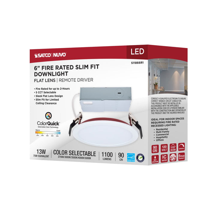 Remote Driver LED Downlight Satco S11866R1 13 Watt LED - Fire Rated 6 Inch Direct Wire Slim Fit Flat Face Downlight - Round Shape - White Finish - CCT Selectable - 120 Volts - Dimmable Satco