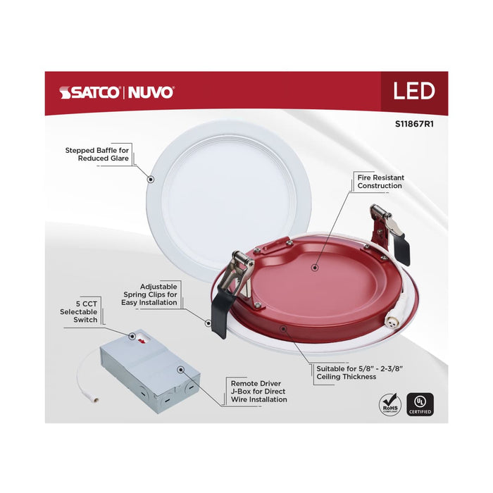Remote Driver LED Downlight Satco S11867R1 13 Watt LED - Fire Rated 6 Inch Direct Wire Slim Fit Step Baffle Downlight - Round Shape - White Finish - CCT Selectable - 120 Volts - Dimmable Satco