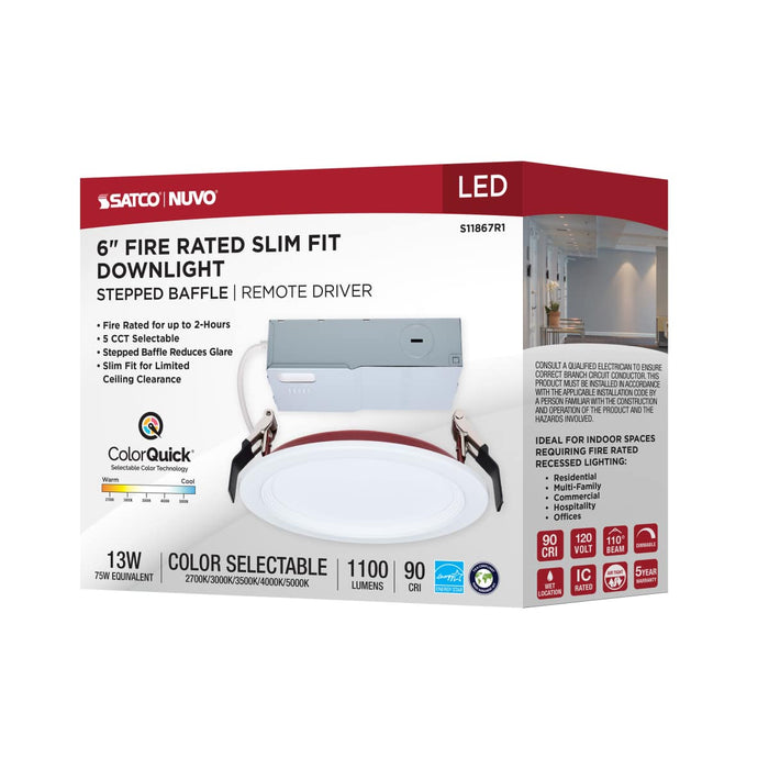 Remote Driver LED Downlight Satco S11867R1 13 Watt LED - Fire Rated 6 Inch Direct Wire Slim Fit Step Baffle Downlight - Round Shape - White Finish - CCT Selectable - 120 Volts - Dimmable Satco