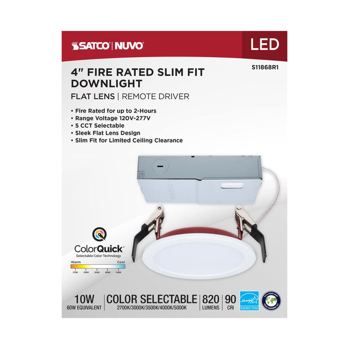 Remote Driver LED Downlight Satco S11868R1 10 Watt LED - Fire Rated 4 Inch - Direct Wire Slim Fit Flat Face Downlight - Round Shape - White Finish - CCT Selectable - 120-277 Volts - 0-10V Dimmable Satco