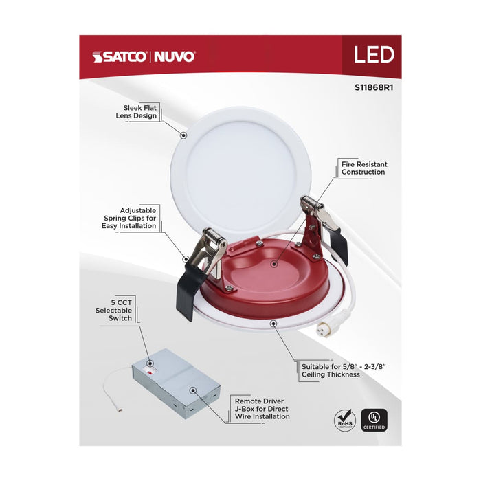 Remote Driver LED Downlight Satco S11868R1 10 Watt LED - Fire Rated 4 Inch - Direct Wire Slim Fit Flat Face Downlight - Round Shape - White Finish - CCT Selectable - 120-277 Volts - 0-10V Dimmable Satco