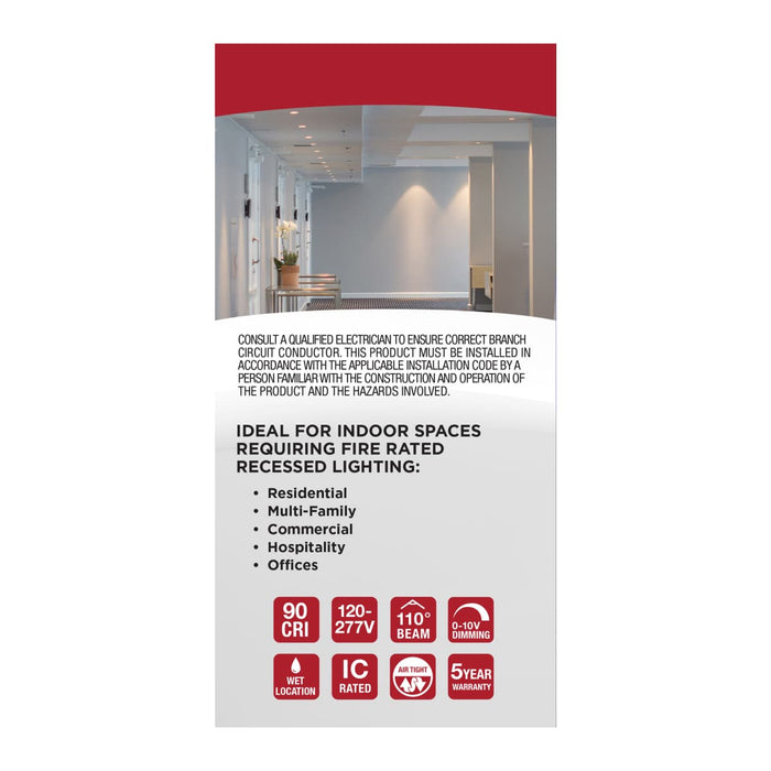 Remote Driver LED Downlight Satco S11868R1 10 Watt LED - Fire Rated 4 Inch - Direct Wire Slim Fit Flat Face Downlight - Round Shape - White Finish - CCT Selectable - 120-277 Volts - 0-10V Dimmable Satco