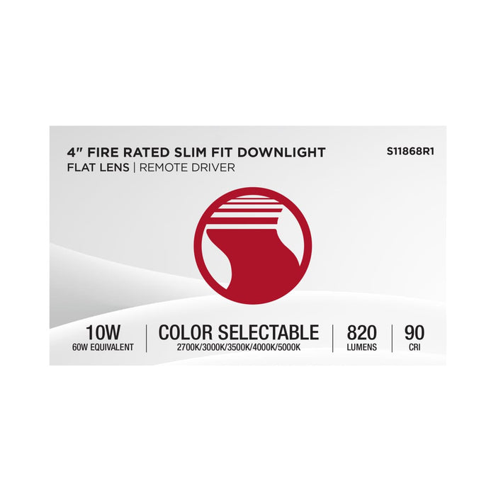 Remote Driver LED Downlight Satco S11868R1 10 Watt LED - Fire Rated 4 Inch - Direct Wire Slim Fit Flat Face Downlight - Round Shape - White Finish - CCT Selectable - 120-277 Volts - 0-10V Dimmable Satco