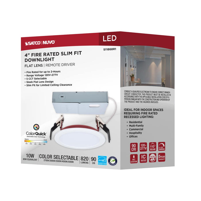Remote Driver LED Downlight Satco S11868R1 10 Watt LED - Fire Rated 4 Inch - Direct Wire Slim Fit Flat Face Downlight - Round Shape - White Finish - CCT Selectable - 120-277 Volts - 0-10V Dimmable Satco