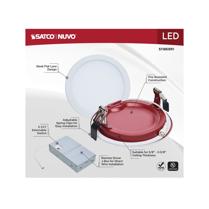 Remote Driver LED Downlight Satco S11869R1 13 Watt LED - Fire Rated 6 Inch - Direct Wire Slim Fit Flat Face Downlight - Round Shape - White Finish - CCT Selectable - 120-277 Volts - 0-10V Dimmable Satco