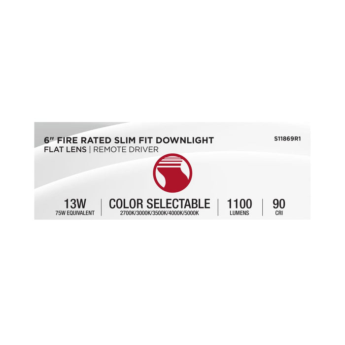 Remote Driver LED Downlight Satco S11869R1 13 Watt LED - Fire Rated 6 Inch - Direct Wire Slim Fit Flat Face Downlight - Round Shape - White Finish - CCT Selectable - 120-277 Volts - 0-10V Dimmable Satco