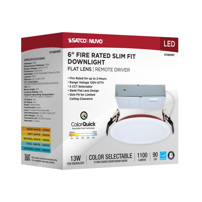 Remote Driver LED Downlight Satco S11869R1 13 Watt LED - Fire Rated 6 Inch - Direct Wire Slim Fit Flat Face Downlight - Round Shape - White Finish - CCT Selectable - 120-277 Volts - 0-10V Dimmable Satco