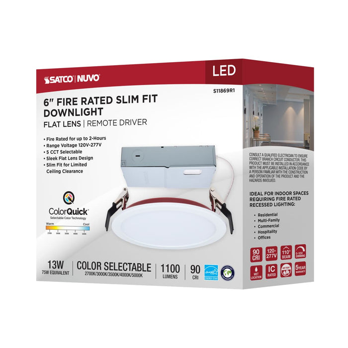 Remote Driver LED Downlight Satco S11869R1 13 Watt LED - Fire Rated 6 Inch - Direct Wire Slim Fit Flat Face Downlight - Round Shape - White Finish - CCT Selectable - 120-277 Volts - 0-10V Dimmable Satco