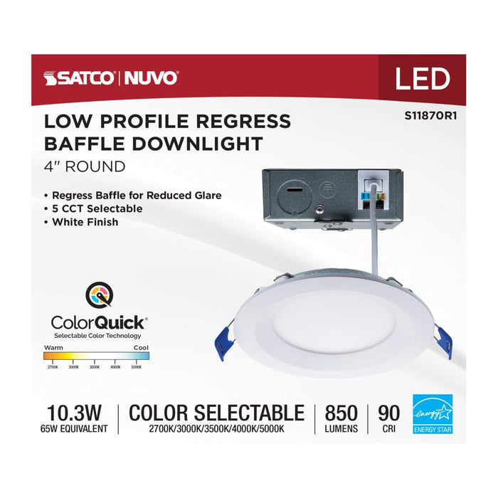 Direct Wire LED Downlight Satco S11870R1 10 Watt LED Direct Wire Downlight - Slimfit - Smooth Baffle - 4 Inch - CCT Selectable - Round - Remote Driver - White Finish Satco