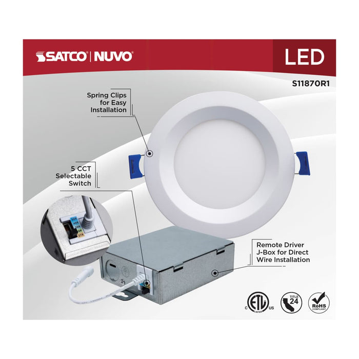 Direct Wire LED Downlight Satco S11870R1 10 Watt LED Direct Wire Downlight - Slimfit - Smooth Baffle - 4 Inch - CCT Selectable - Round - Remote Driver - White Finish Satco