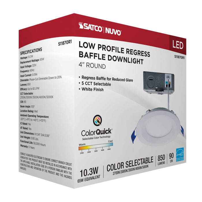 Direct Wire LED Downlight Satco S11870R1 10 Watt LED Direct Wire Downlight - Slimfit - Smooth Baffle - 4 Inch - CCT Selectable - Round - Remote Driver - White Finish Satco