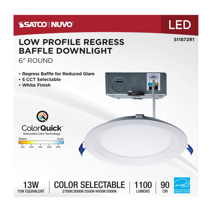 Direct Wire LED Downlight Satco S11872R1 13 Watt LED Direct Wire Downlight - Slimfit - Smooth Baffle - 6 Inch - CCT Selectable - Round - Remote Driver - White Finish Satco