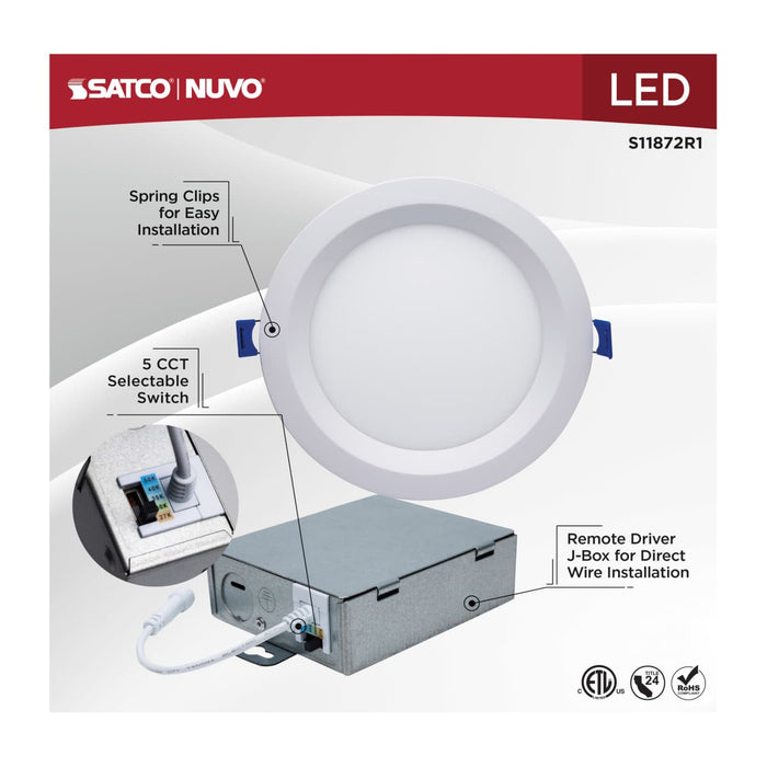 Direct Wire LED Downlight Satco S11872R1 13 Watt LED Direct Wire Downlight - Slimfit - Smooth Baffle - 6 Inch - CCT Selectable - Round - Remote Driver - White Finish Satco