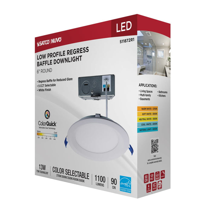 Direct Wire LED Downlight Satco S11872R1 13 Watt LED Direct Wire Downlight - Slimfit - Smooth Baffle - 6 Inch - CCT Selectable - Round - Remote Driver - White Finish Satco