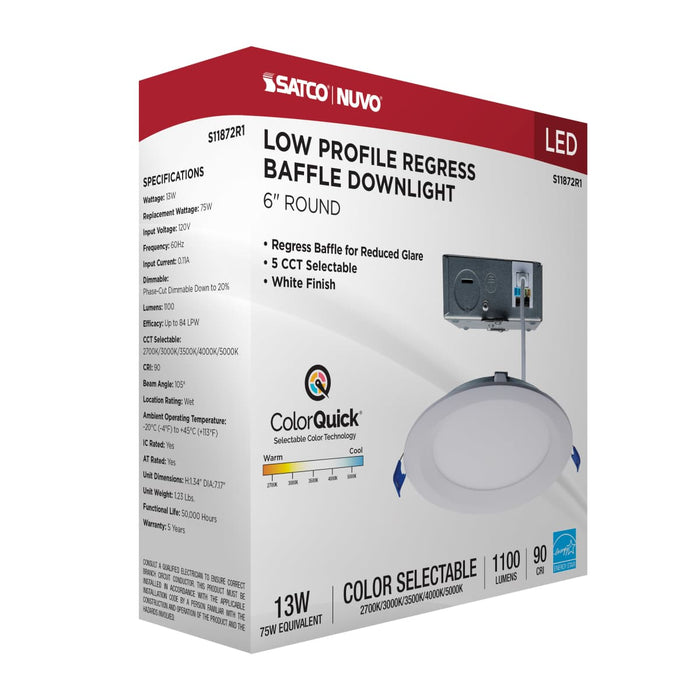 Direct Wire LED Downlight Satco S11872R1 13 Watt LED Direct Wire Downlight - Slimfit - Smooth Baffle - 6 Inch - CCT Selectable - Round - Remote Driver - White Finish Satco