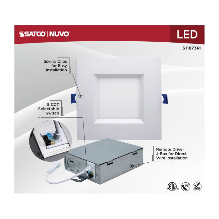 Direct Wire LED Downlight Satco S11873R1 12 Watt LED Direct Wire Downlight - Slimfit - Smooth Baffle - 6 Inch - CCT Selectable - Square - Remote Driver - White Finish Satco