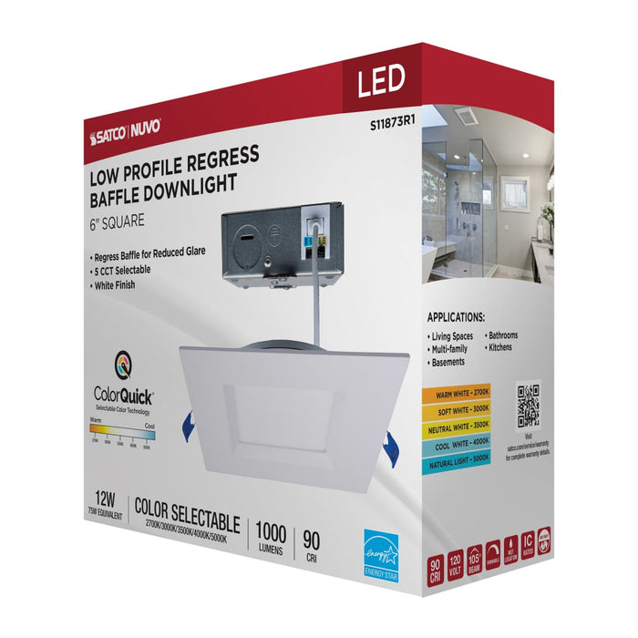 Direct Wire LED Downlight Satco S11873R1 12 Watt LED Direct Wire Downlight - Slimfit - Smooth Baffle - 6 Inch - CCT Selectable - Square - Remote Driver - White Finish Satco
