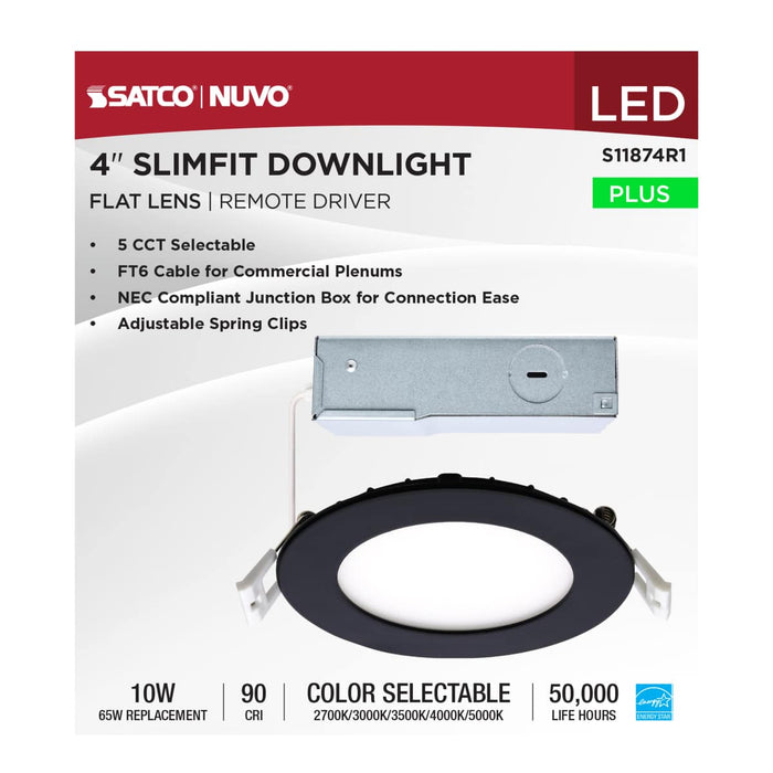 Direct Wire LED Downlight Satco S11874R1 10 Watt LED Direct Wire Downlight - 4-Inch - CCT Selectable - Round - Remote Driver - Black Finish Satco