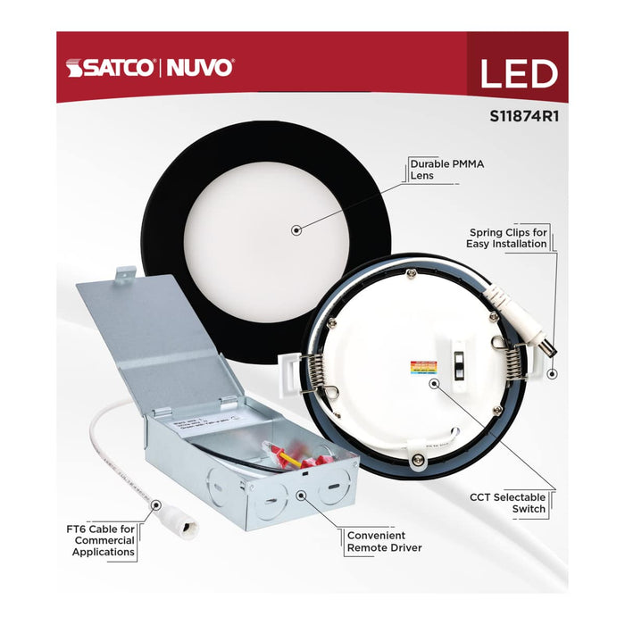 Direct Wire LED Downlight Satco S11874R1 10 Watt LED Direct Wire Downlight - 4-Inch - CCT Selectable - Round - Remote Driver - Black Finish Satco