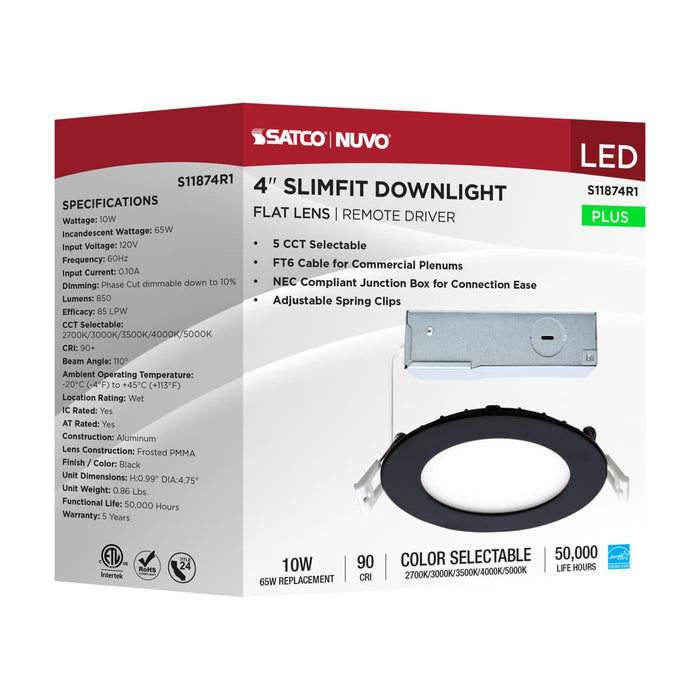 Direct Wire LED Downlight Satco S11874R1 10 Watt LED Direct Wire Downlight - 4-Inch - CCT Selectable - Round - Remote Driver - Black Finish Satco