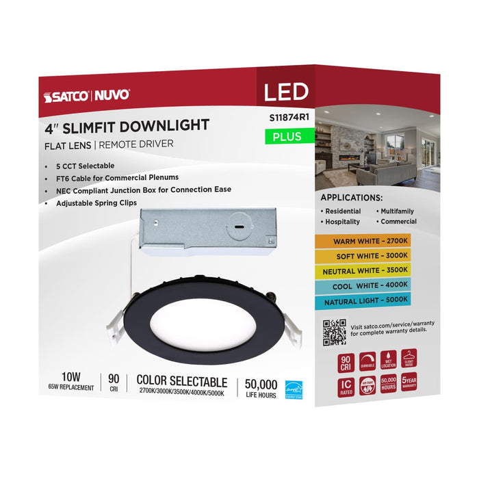 Direct Wire LED Downlight Satco S11874R1 10 Watt LED Direct Wire Downlight - 4-Inch - CCT Selectable - Round - Remote Driver - Black Finish Satco