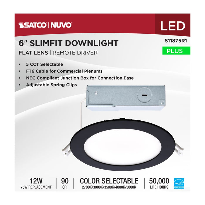 Direct Wire LED Downlight Satco S11875R1 12 Watt LED Direct Wire Downlight - 6-Inch - CCT Selectable - Round - Remote Driver - Black Finish Satco