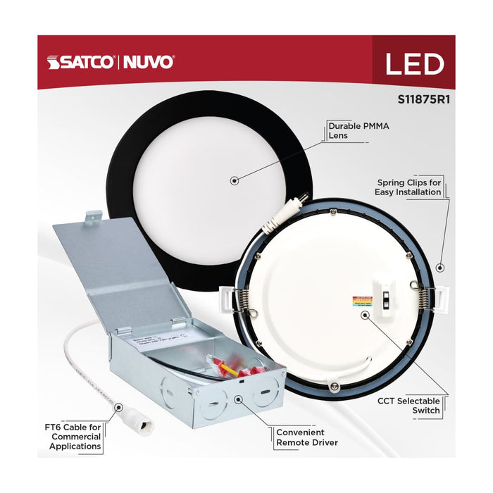 Direct Wire LED Downlight Satco S11875R1 12 Watt LED Direct Wire Downlight - 6-Inch - CCT Selectable - Round - Remote Driver - Black Finish Satco