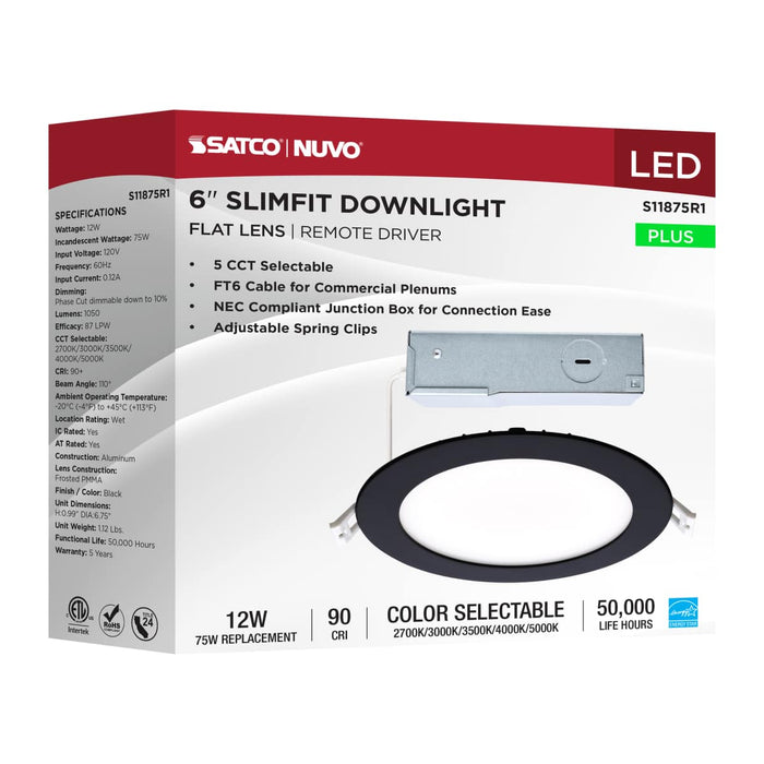 Direct Wire LED Downlight Satco S11875R1 12 Watt LED Direct Wire Downlight - 6-Inch - CCT Selectable - Round - Remote Driver - Black Finish Satco