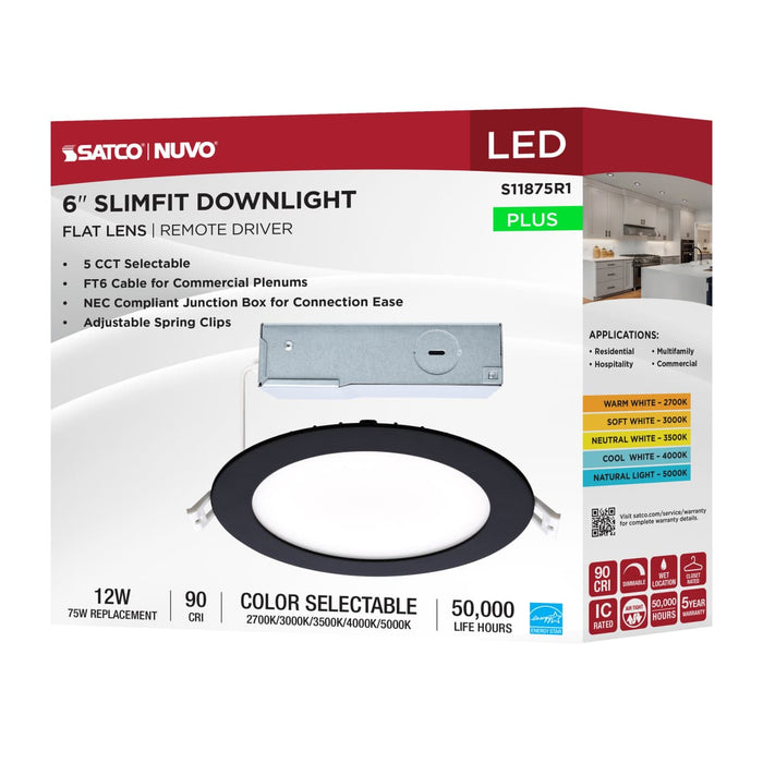 Direct Wire LED Downlight Satco S11875R1 12 Watt LED Direct Wire Downlight - 6-Inch - CCT Selectable - Round - Remote Driver - Black Finish Satco