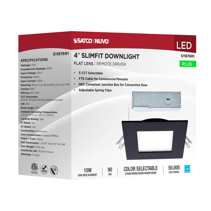 Direct Wire LED Downlight Satco S11876R1 10 Watt LED Direct Wire Downlight - 4-Inch - CCT Selectable - Square - Remote Driver - Black Finish Satco