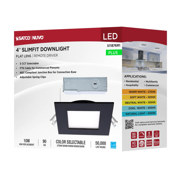Direct Wire LED Downlight Satco S11876R1 10 Watt LED Direct Wire Downlight - 4-Inch - CCT Selectable - Square - Remote Driver - Black Finish Satco