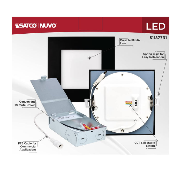Direct Wire LED Downlight Satco S11877R1 12 Watt LED Direct Wire Downlight - 6-Inch - CCT Selectable - Square - Remote Driver - Black Finish Satco